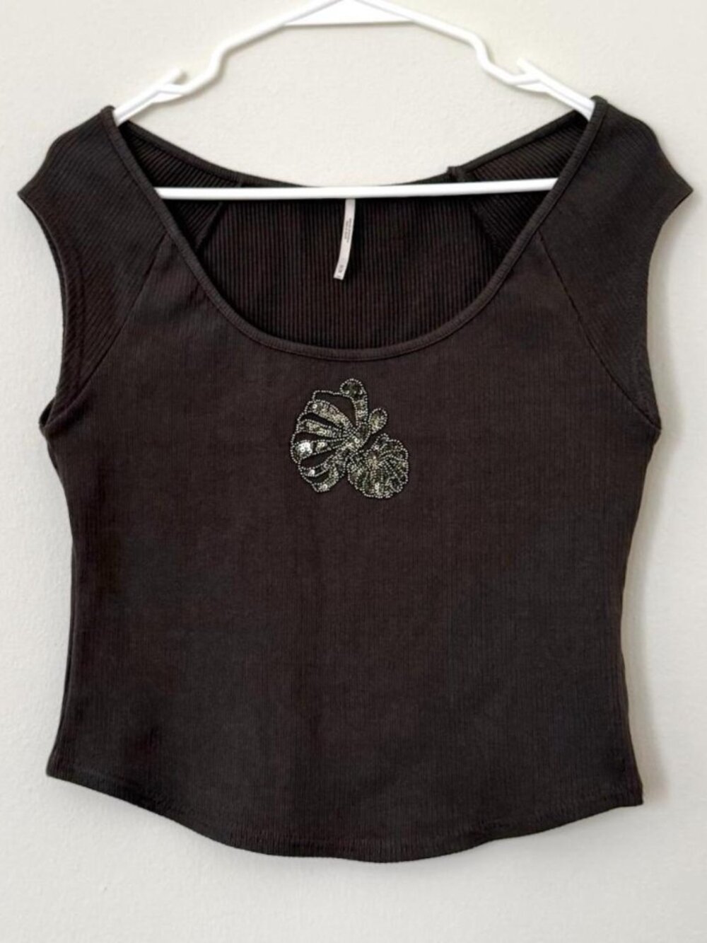 Free People Y2K Embellished Ribbed Baby Tee Top Brown Size Medium